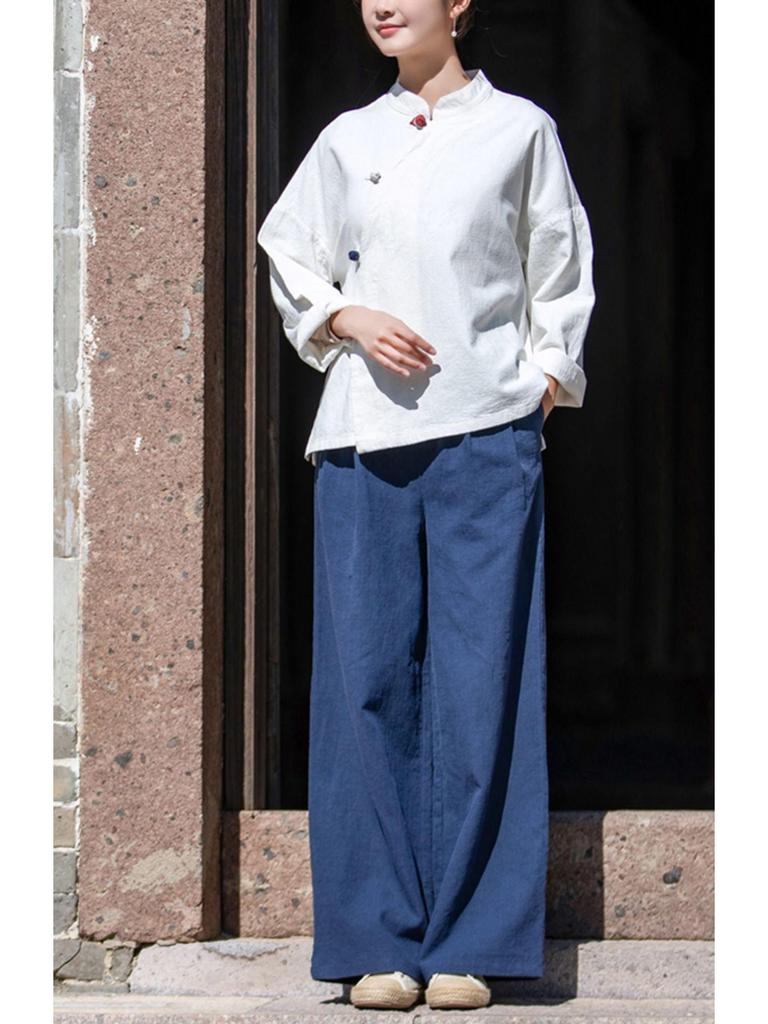 Хлопково-льняные брюки широкого кроя в гонконгском стиле: Трендовая, Удобная, Омолаживающая, Женская мода Весна-Лето больших размеров