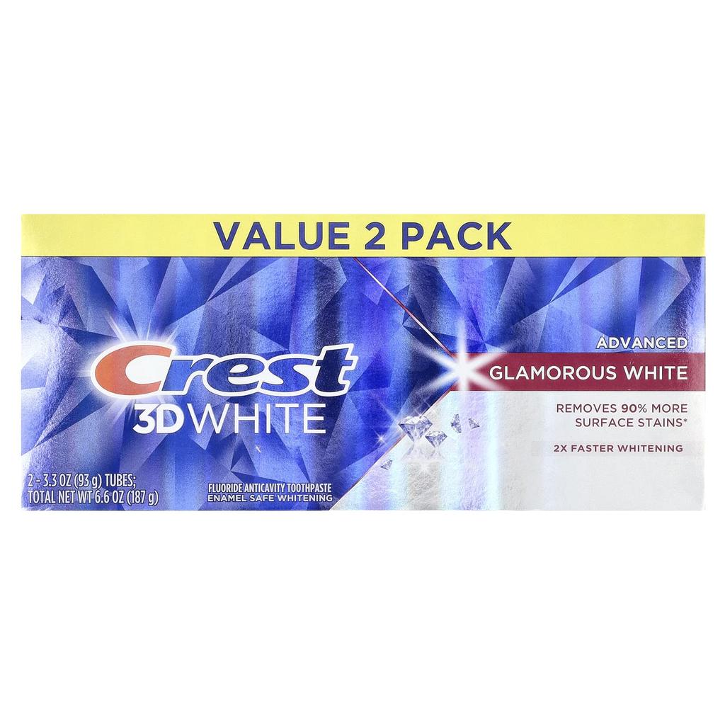 Crest 3D White, фторидная зубная паста для профилактики кариеса, Advanced, Glamorous White, 2 тюбика, 93 г (3,3 унции) каждый