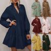 Women's Casual Fashion Solid Color V-neck Long-sleeves Ruffle Stitching Big Swing A-line Dress
