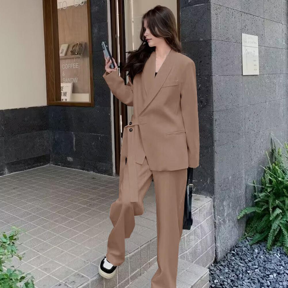 2 Pcs/Set Lady Formal Coat Pants Set Long Sleeves Button Strap Closure V Neck Cardigan Mid Length Jacket Straight High Waist Tro