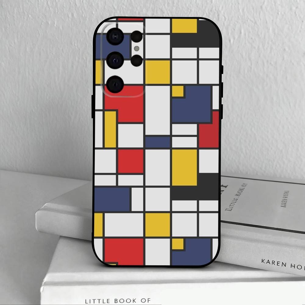 Grid T-TOPLBPCS M-Mondrian Phone Case For Samsung S25,24,23,22,30,21,10,9,Ultra,Plus,Lite,FE,4,5 G Soft Black Case
