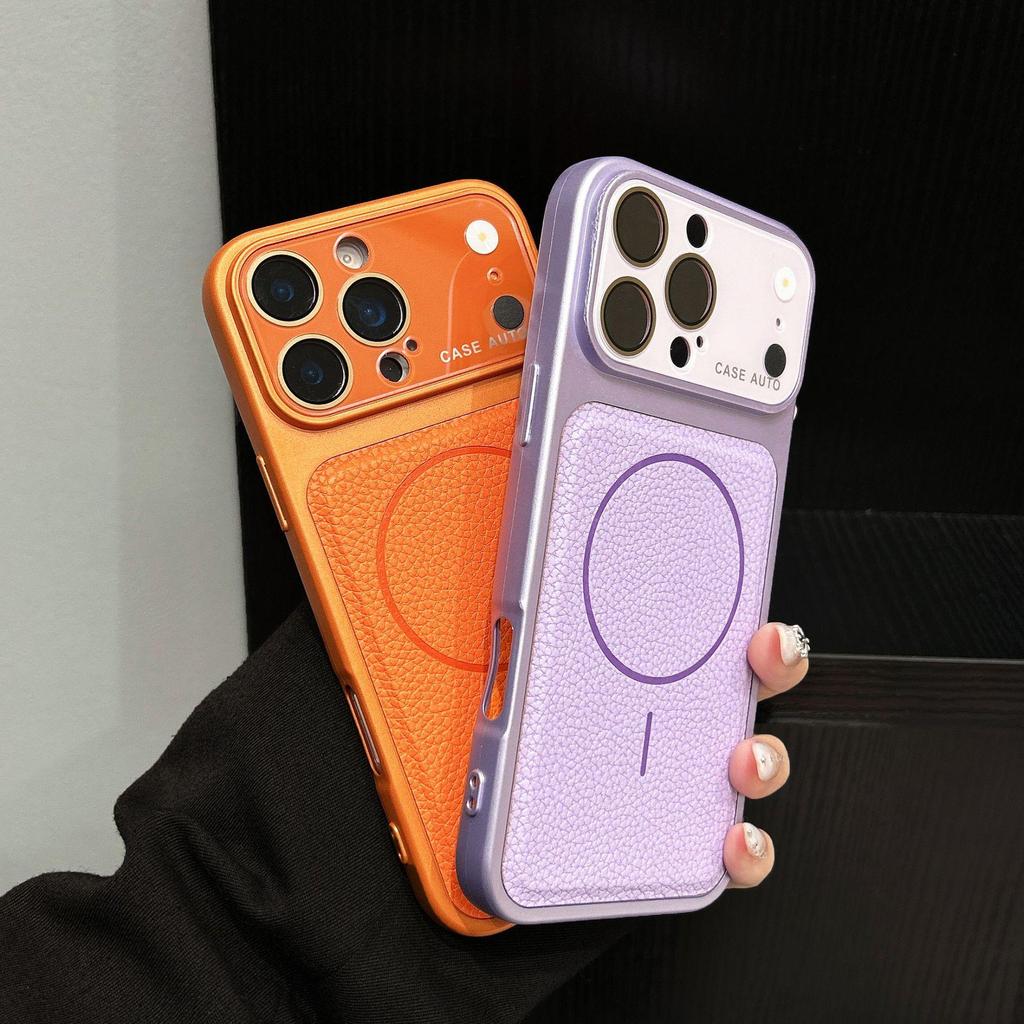 Магнитный чехол для телефона из кожи личи для iPhone 17 Pro Max с защитой линзы из кристалла