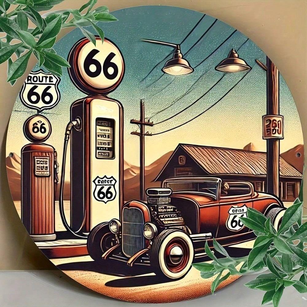 Круглая металлическая табличка Ретро Заправка Route 66 Настенное искусство Декор гаража