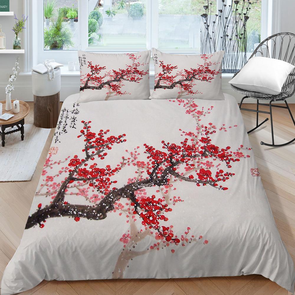 3D Family Bedding Single Double Bed Full Size Bedding Plum Blossom Pattern Pillowcase and Quilt Cover Noble and Washable Family Decoration
