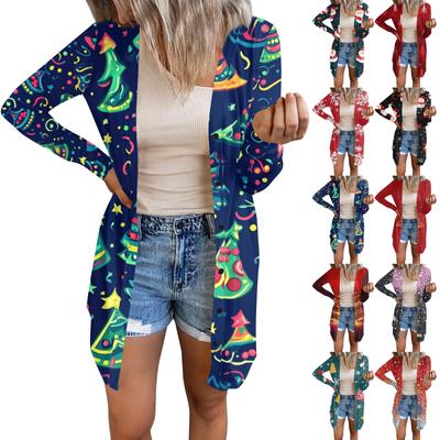 Длинный рукав Женский ретро принтованный топ Легкий базовый свободный жакет Кардиган Повседневные рубашки Рождество