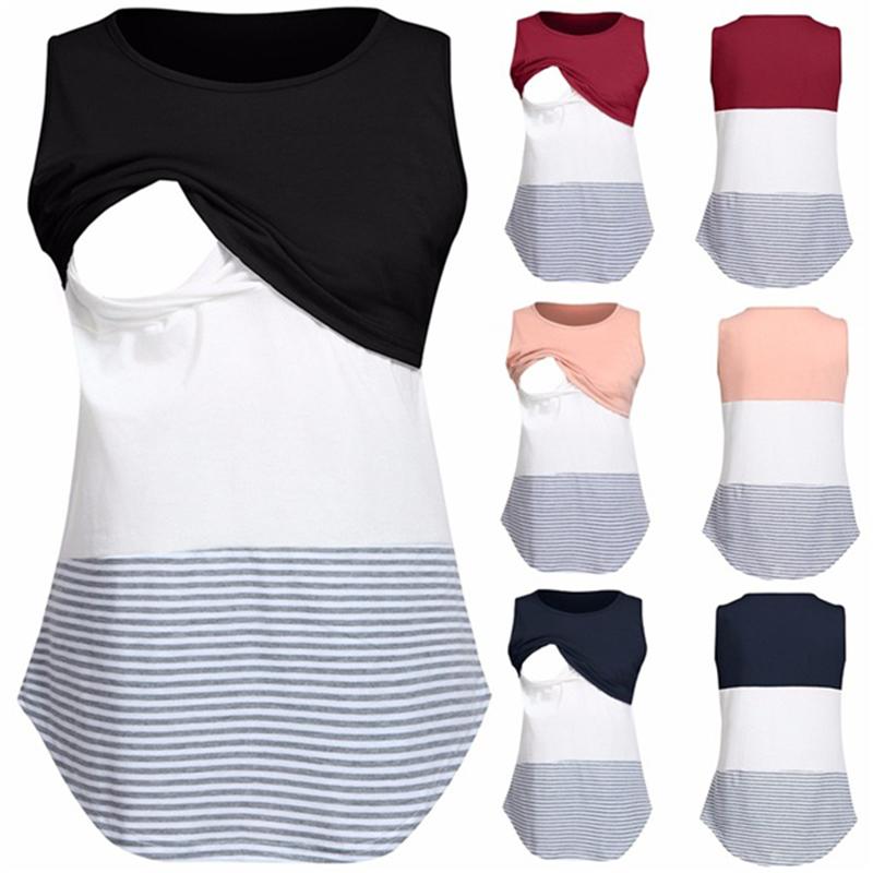 Женская удобная рубашка для беременных и кормящих мам в полоску без рукавов с круглым вырезом, рубашка для беременных