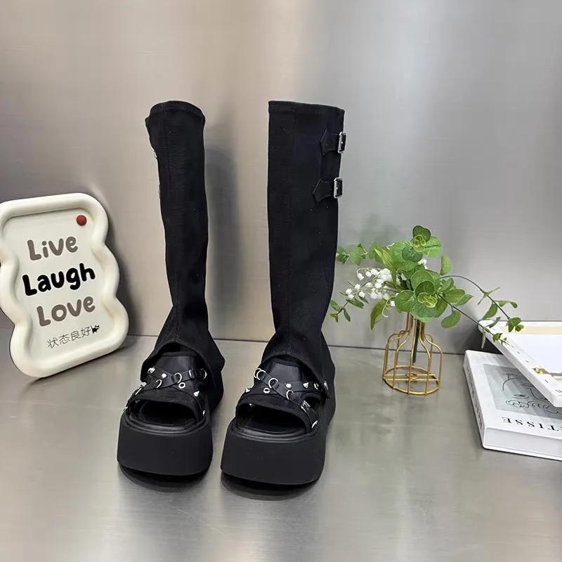 2025 Summer New Women's Cover Heel Sandals Outdoor Buckle Rivet Slip On Knee-High Boots Women Modern Platform Thong Sandals
