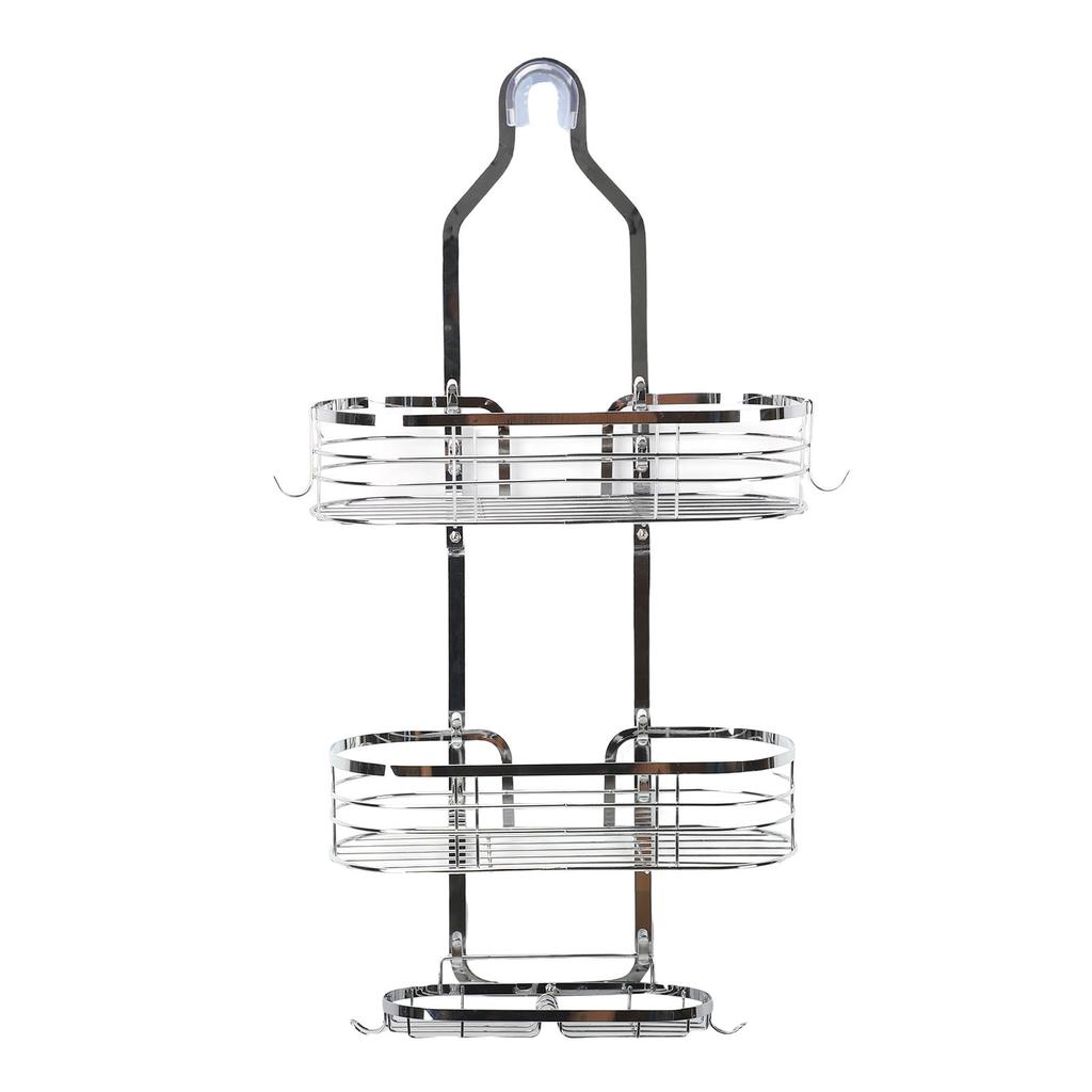 Shower Caddy Hanging Over Head Iron Bathroom Organizer Shelves with Soap Holder 2 Hooks for Towels Sponge Silver