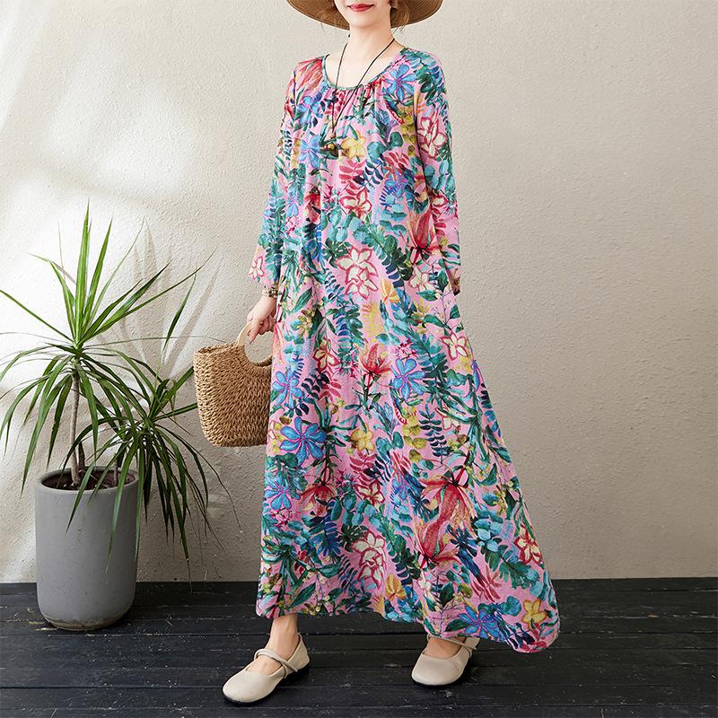 Осеннее литературное свободное платье больших размеров с круглым вырезом и длинными рукавами для весенних женщин в винтажном стиле