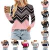 Women's Pleated Long-Sleeved Belted Striped Print Round Neck Casual Top