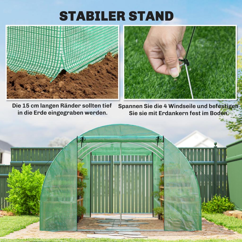 Greenhouse approx. 4 x 3 x 2 m Foil Greenhouse with Roll-up 2 Zip Doors & 8 Mesh Windows Support Poles Green