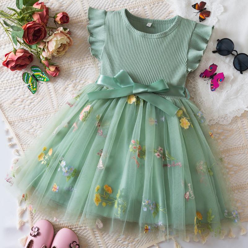 Summer Girl Flower Embroidered Mesh Dress With Bow For Toddler Girls