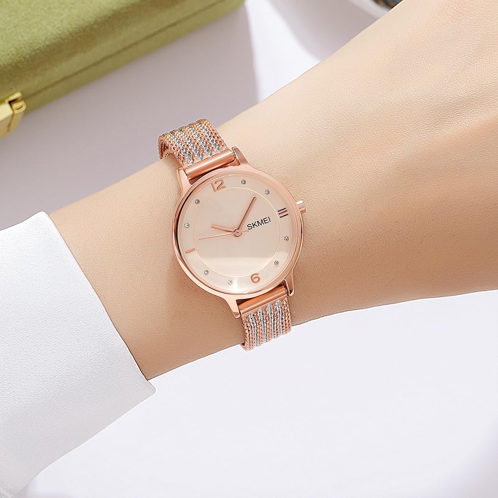 SKMEI Women's Watch Simple Ultra-thin Quartz Brand Cute Fashionable Waterproof Business Mesh Stainless Steel Gift White Rose Gold