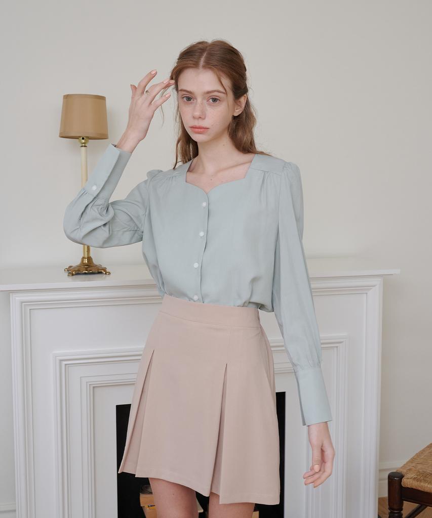 BIBYSEOB Shirred Heart Neck Blouse Mint [T41]