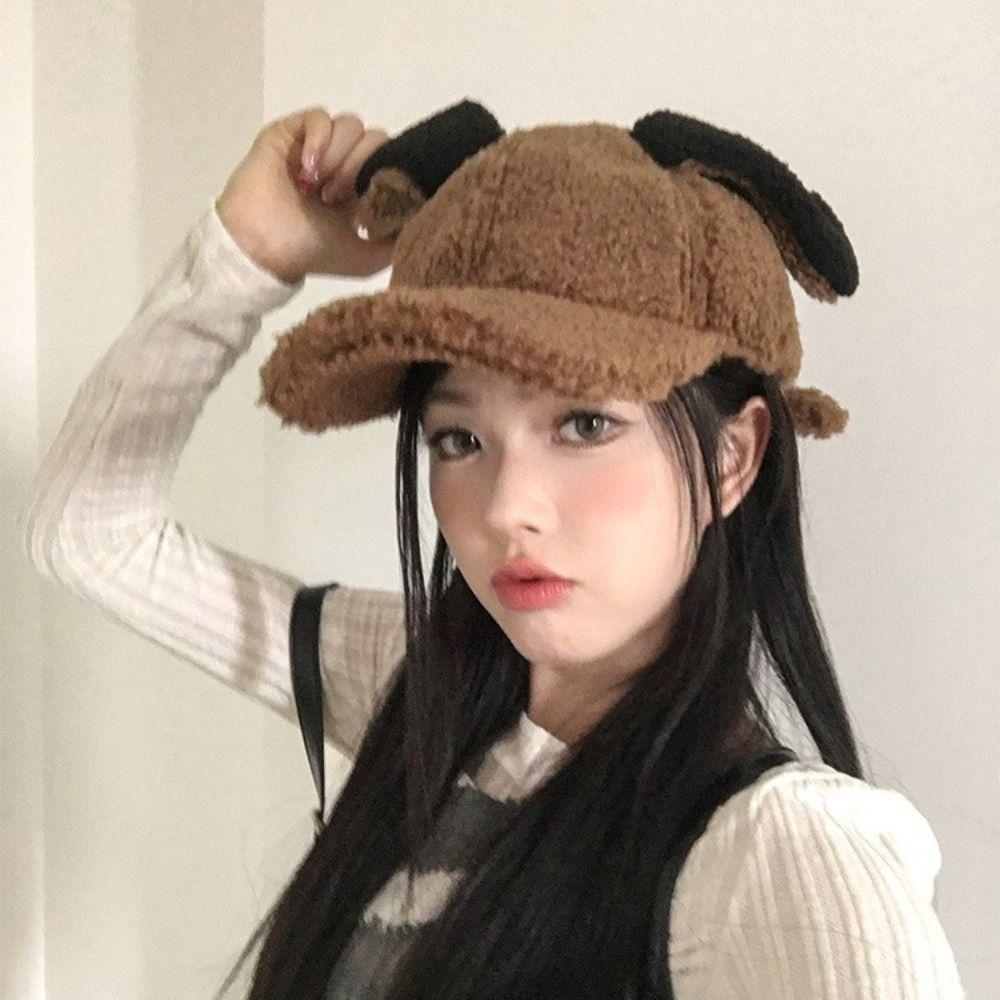 Sunshade Rabbit Ear Baseball Hat Adjustable Winter Peaked Cap Casual Lamb Wool Baseball Cap  Female