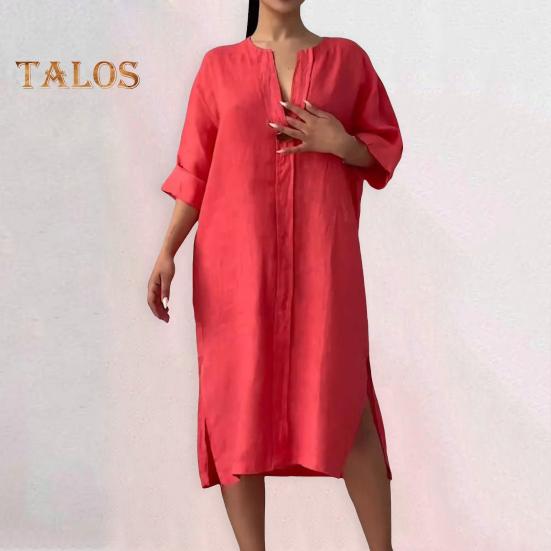 Женское осенне-летнее платье Свободное платье с V-образным вырезом и рукавами три четверти Трапециевидной формы Сплошной цвет с разрезом на пуговицах Декор Повседневная повседневная одежда Платье миди