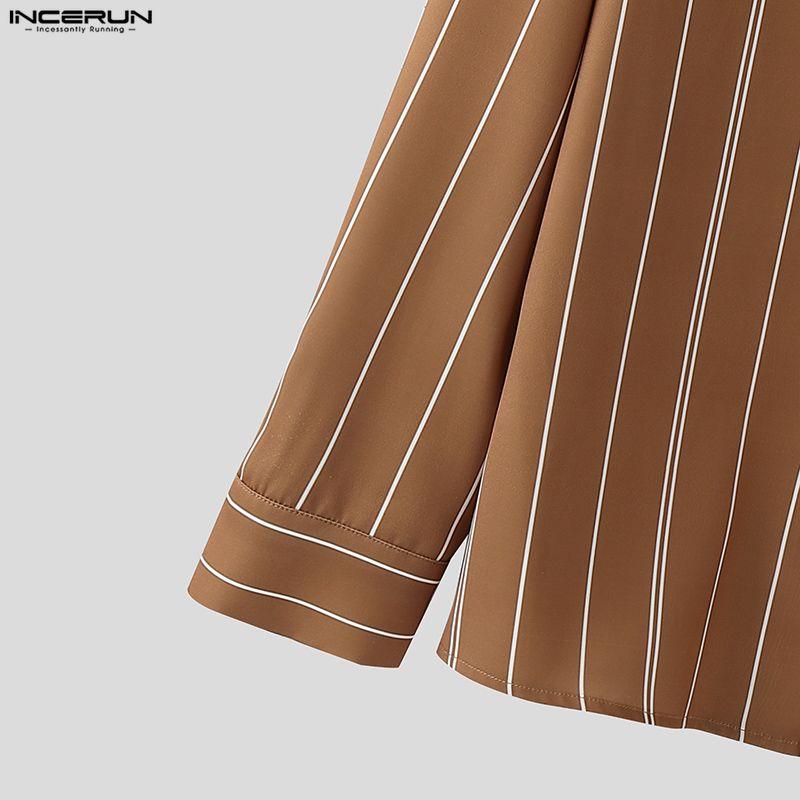 INCERUN Oversized Men Turn-down Collar Long Sleeve Striped Casual Loose Shirts