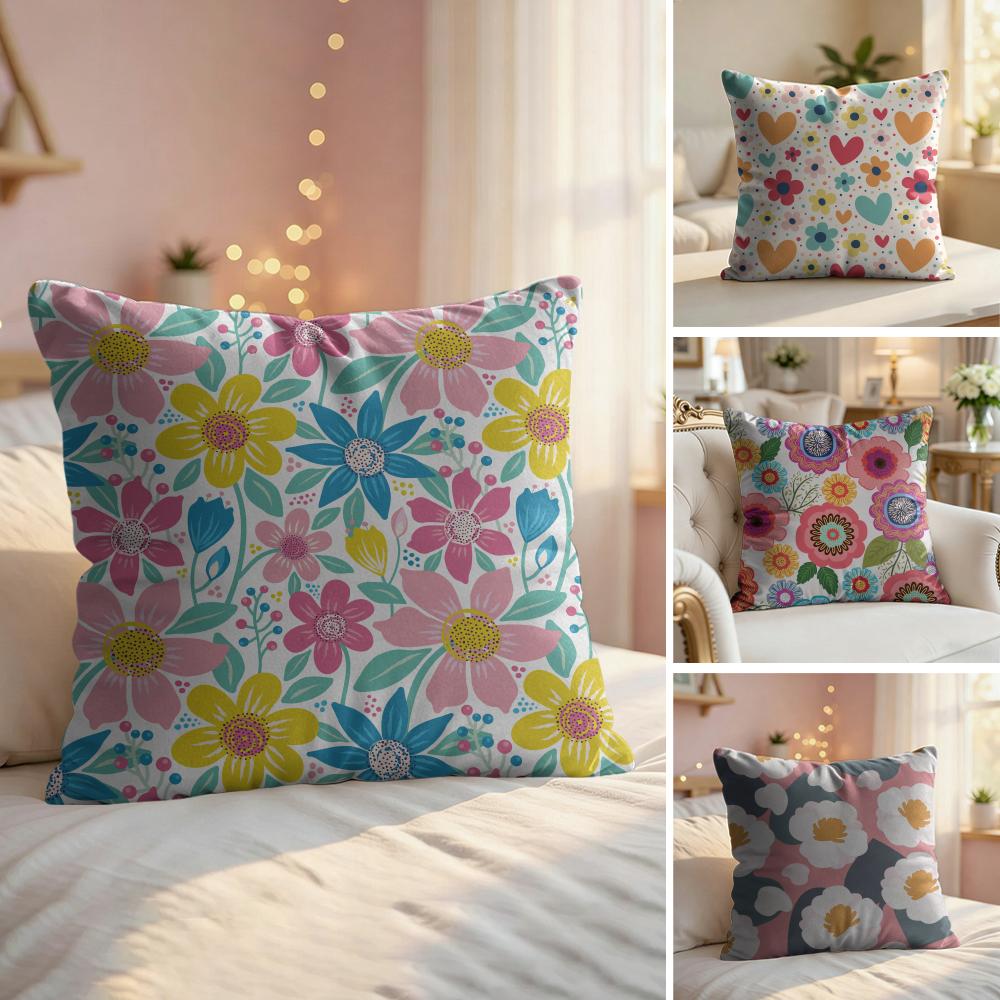 Colorful Flowers Cushion Cover Natural Linen Organic Fabric DoubleSided Printing Couch Pillow Covers Home Decor