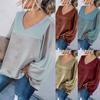 Solid Color Women Blouse Lantern Long Sleeve Simple Satin V-Neck Autumn