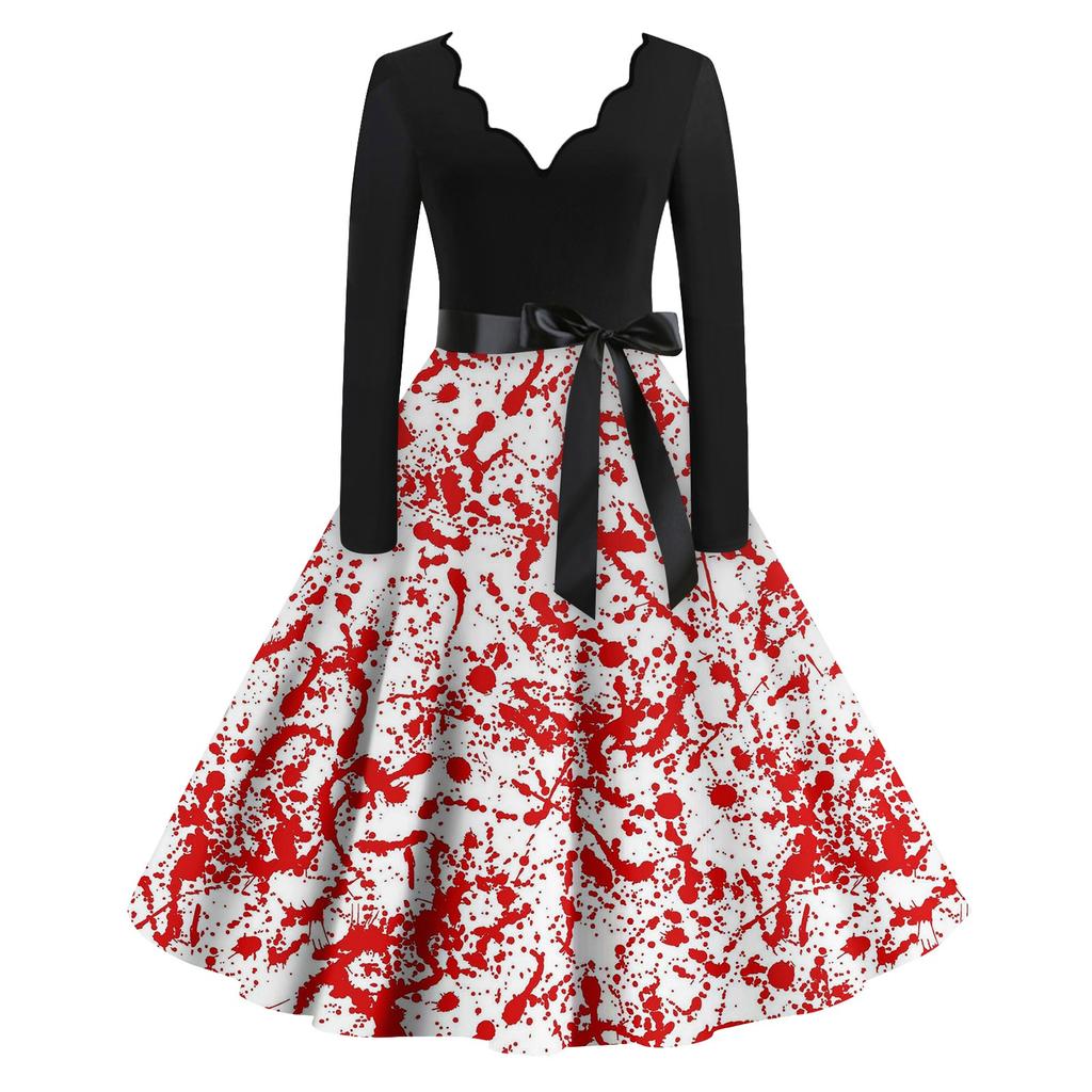 Женские повседневные модные винтажные длинные платья с длинным рукавом на Хэллоуин и графическим принтом