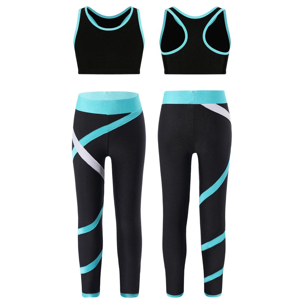 Детский укороченный топ без рукавов для девочек с леггинсами с цветными блоками, спортивная одежда для джазовых танцев, катания на коньках и тренировок