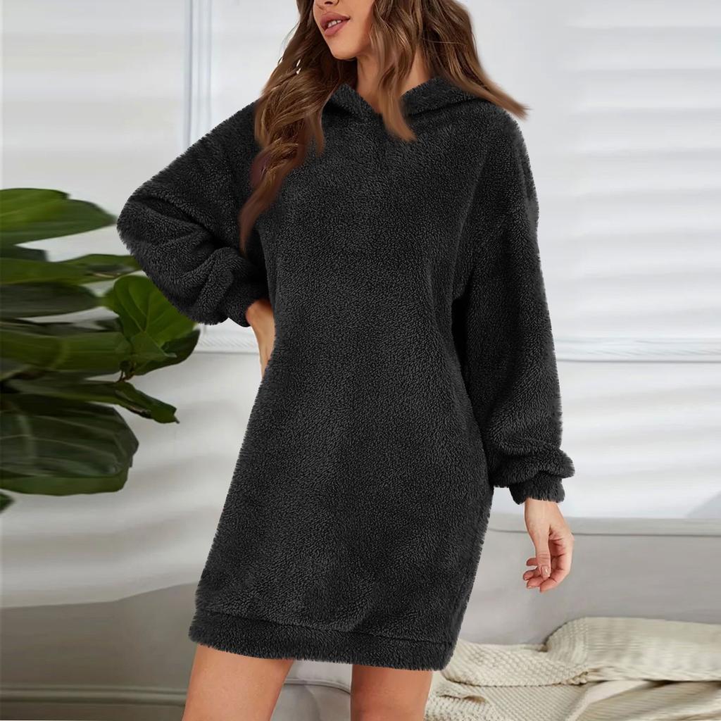 Женское модное однотонное плюшевое платье с капюшоном и длинными рукавами, свободная повседневная толстовка