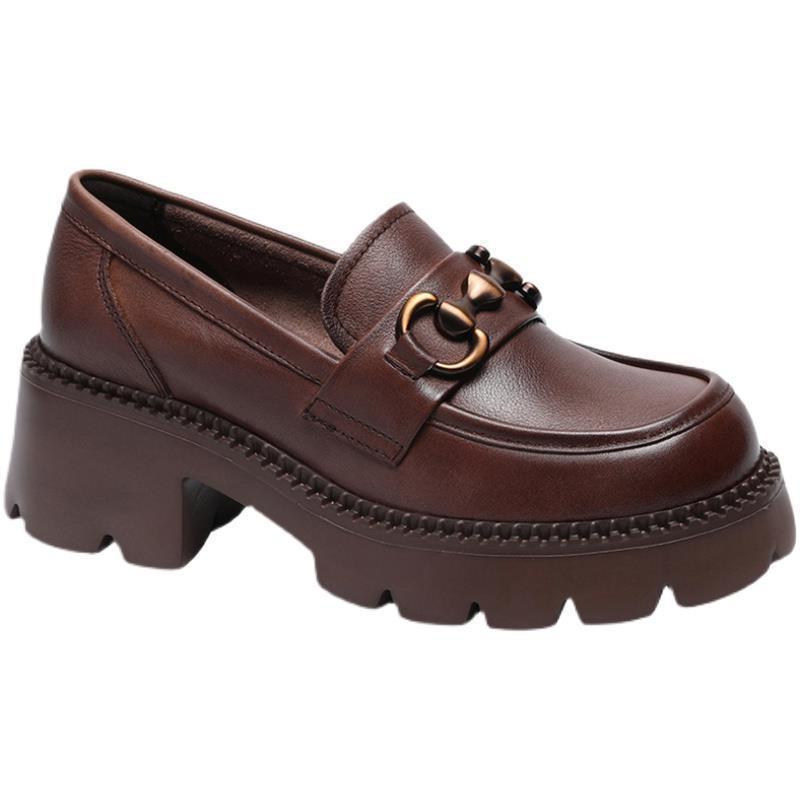 Универсальные туфли из кожи на толстой подошве для весны и осени, увеличивают высоту новых женских туфель красного и зеленого цвета + британский стиль с одной педалью