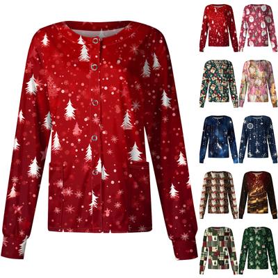 Женский повседневный однобортный однобортный защитная одежда с рождественским принтом и длинными рукавами, кардиган, топ