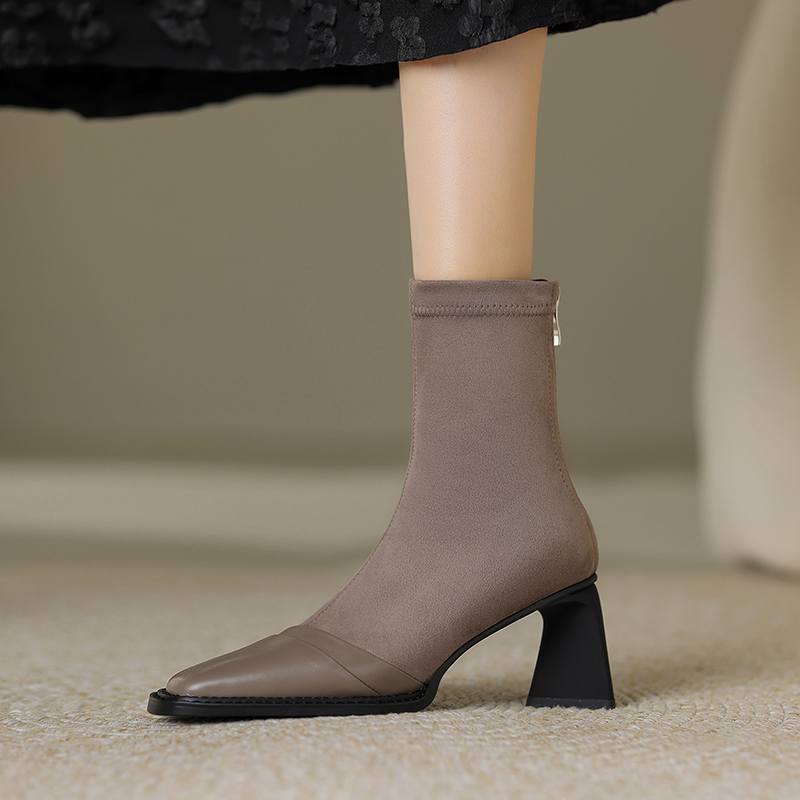 Krazing Pot Зимние эластичные ботинки из флоковой коровьей кожи с квадратным носком на толстом высоком каблуке и молнии, женские однотонные ботильоны