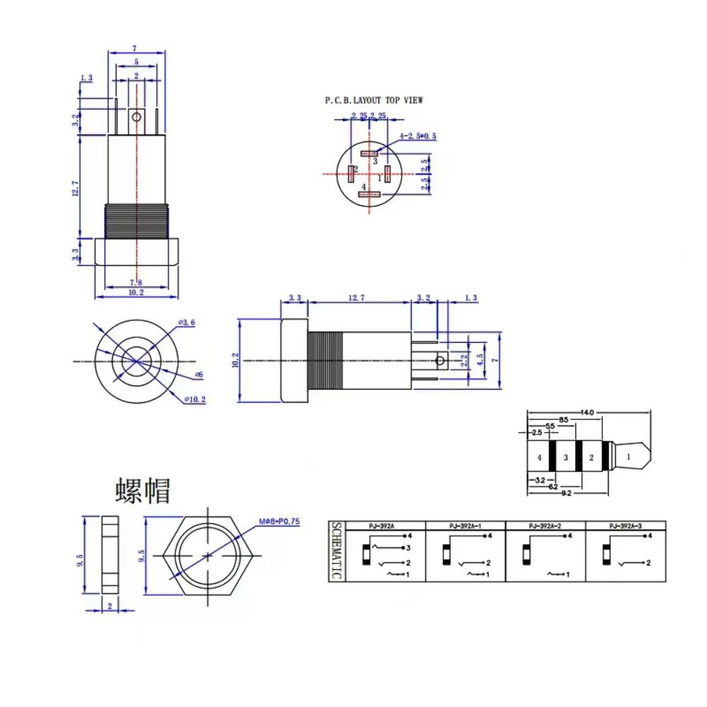 Connector Equipped With Nuts Threaded Headphone Jack Earphone Socket PJ392A Socket 3.5MM Audio Jack