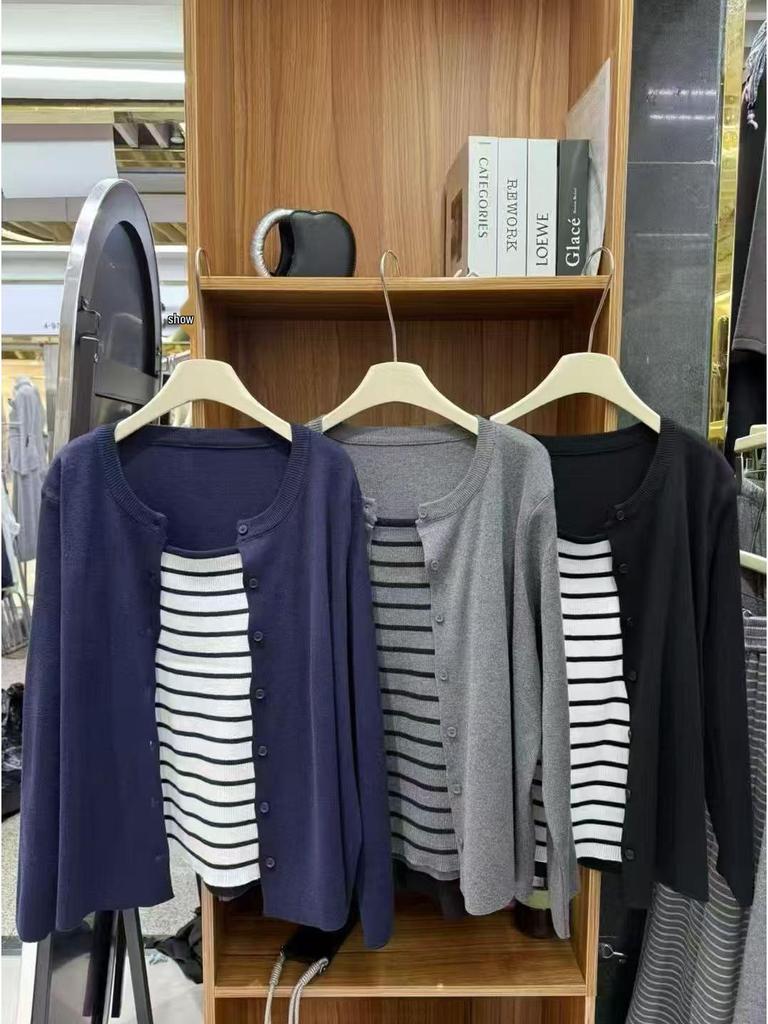 Korean College Style Striped Patchwork Two-Piece Women's Knitted Sweater