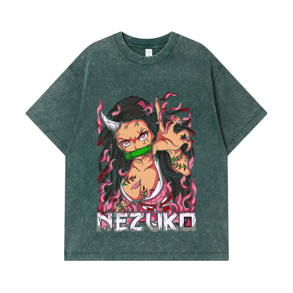 275 GSM Washed T-shirts 100% Cotton Demon Slayer V73 Nezuko Print Unisex Heavy Cotton T Shirt