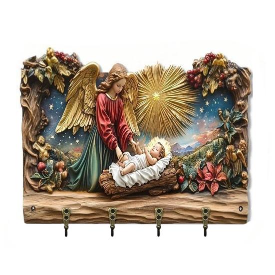 Деревянная христианская ключница 2D плоская Иисус Причастие Арт брелок-подставка с 4 крючками Религиозная настенная ключница для прихожей Домашний декор