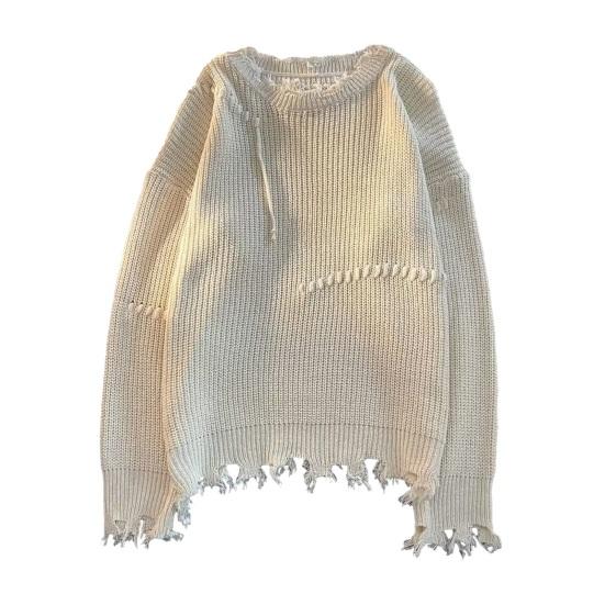 Мужской осенне-зимний рваный пуловер большого размера с длинными рукавами, вязаный свитер с круглым вырезом, свободный топ, повседневный спортивный свитер в стиле ретро