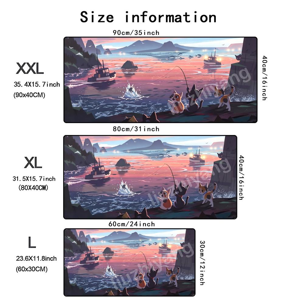 Cartoon Cats Fishing Seaside Sunset Mouse Pad Anime Coastal Gaming Desk Mat Cute Kitty Large Non Slip Keyboard Pad Office Desk