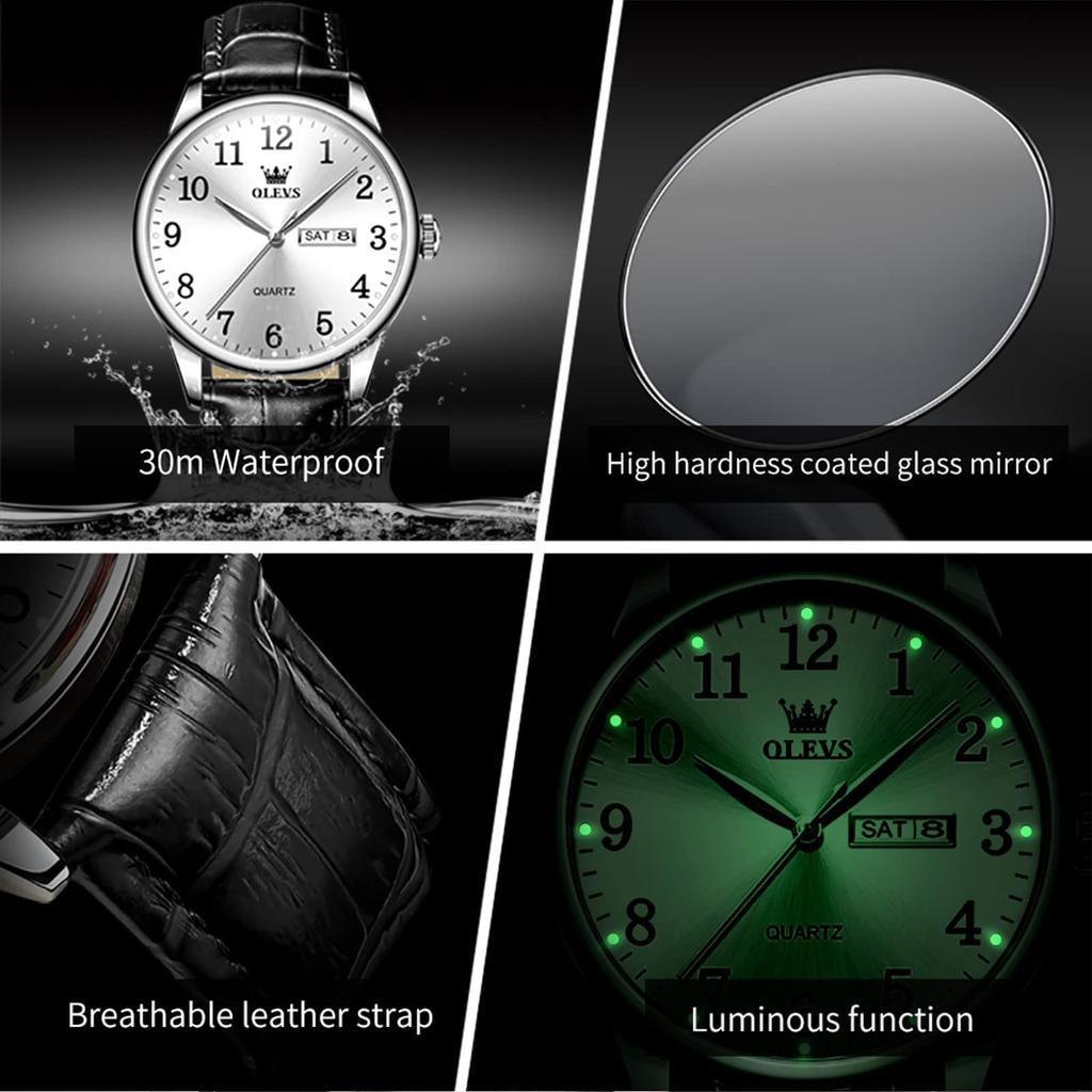 OLEVS Черные стильные кварцевые часы Аналоговые водонепроницаемые часы Популярные часы Кожаный ремень Бизнес-часы День недели Дата Легко читаемый подарок Белый