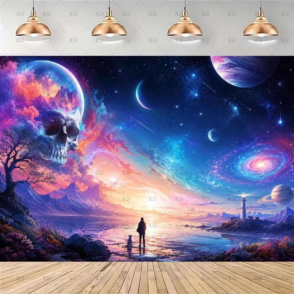 Fantasy world themed backdrop, purple and pink starry sky, party decoration, mystical fairy tale background2537
