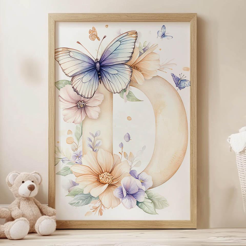 Plakat Urokliwa Litera "D" - Kwiaty I Motyle Plakat Urokliwa Litera "D" - Kwiaty I Motyle, 30X40 Cm, Bez Ramy, Płótno Premium Na Blejtramie