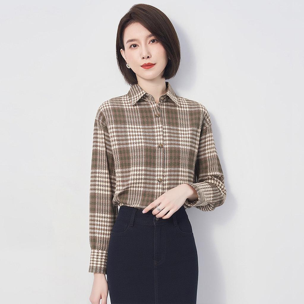 Ladies' Autumn and Winter Checkered Long-Sleeved Shirt