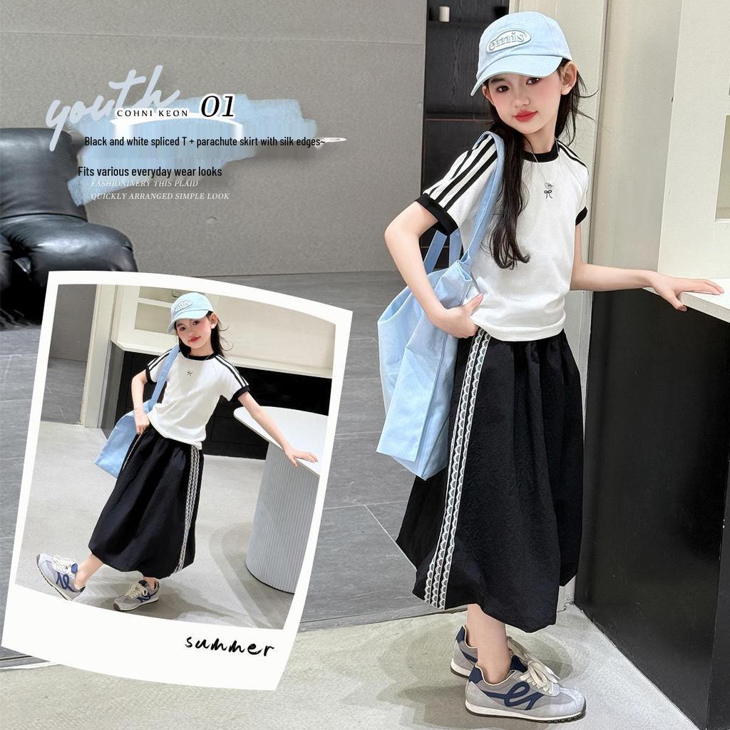 Girls' Summer 2025 Fashion Set: Stylish Short-Sleeve Top with Trendy Seven-Point Tulip Skirt