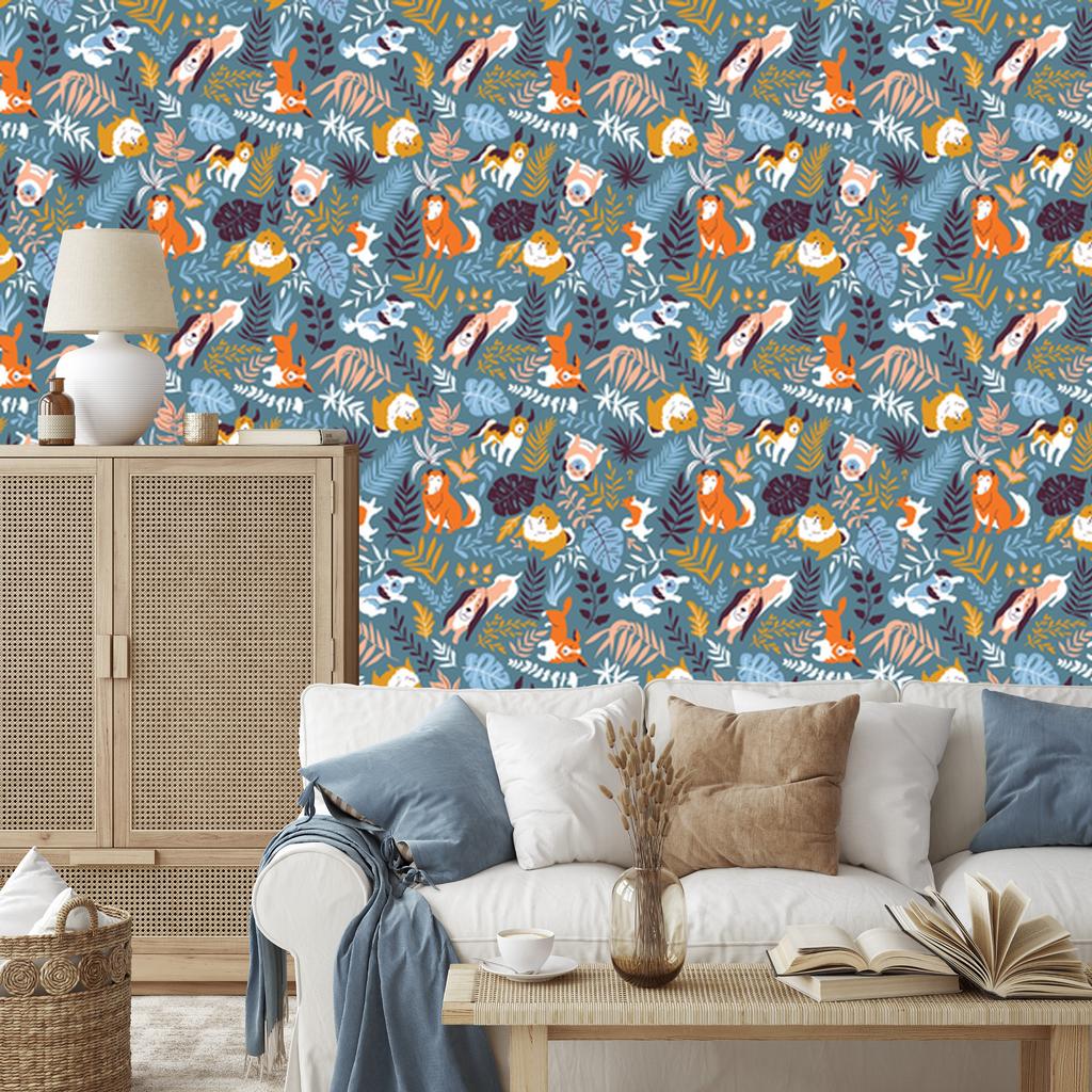 Wallpaper Cheerful dogs and tropical plants for living room and bedroom 50x1000