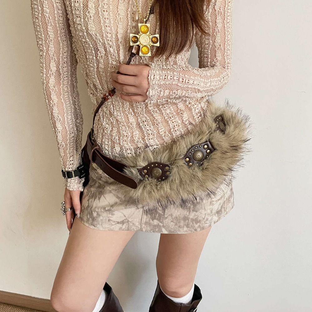 PU Leather Leather Fur Belt Spicy Girl Style Y2K Waistband Fashion Plush Belt  Female/Girls