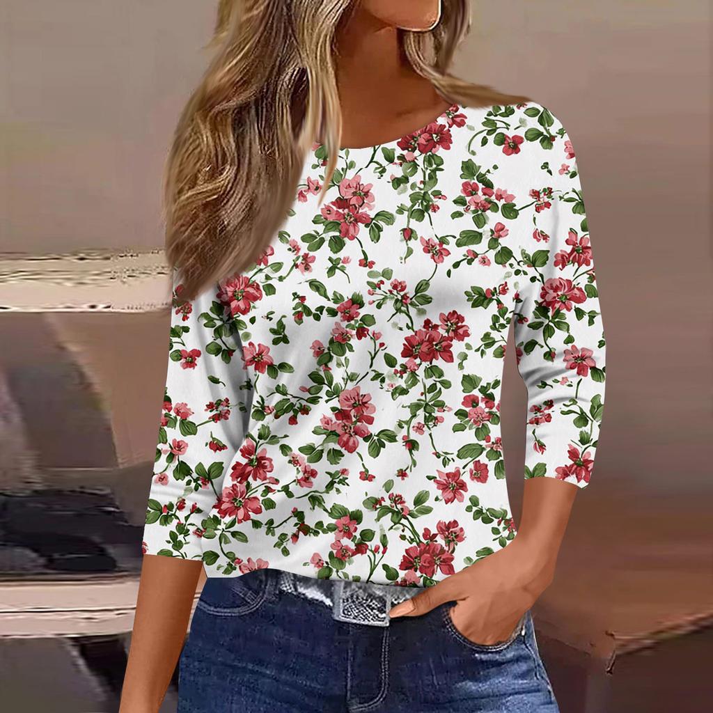 Women's Fashionable Casual Round Neck T-Shirt With Floral Print And Three-Quarter Sleeves