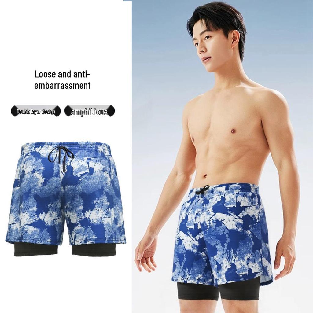 Men's Quick-Dry Double-Layer Swim Trunks with High Elastic Waist and Anti-Embarrassment Lining