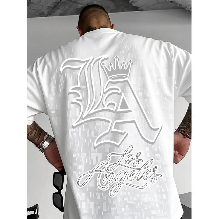 Men's Oversized White Graphic Tee with LA Crown & Los Angeles Script Print, Soft Cotton Blend Short Sleeve Crew Neck Streetwear Top for Casual Daily
