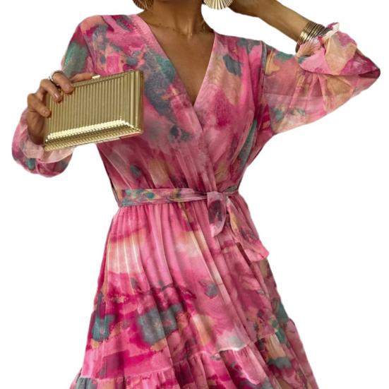 Женское вечернее платье в стиле пэчворк с V-образным вырезом на шнуровке на талии в богемном стиле с рукавами-фонариками плиссированное шифоновое платье макси с красочным принтом трапециевидной формы с большим подолом