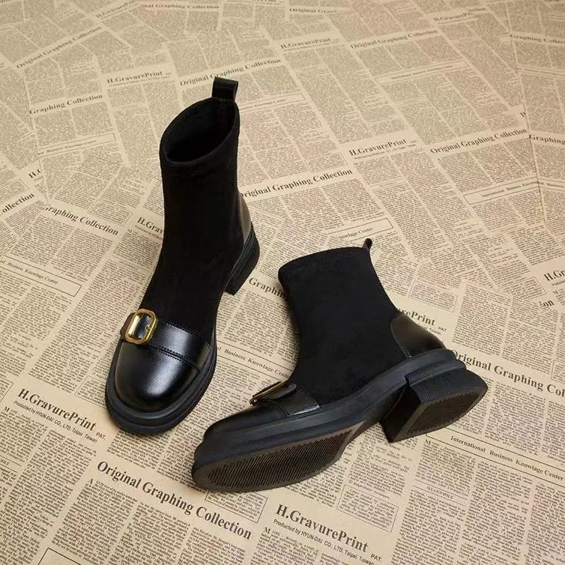 Новые женские ботинки, классические туфли с маленькими золотыми пуговицами для женщин, квадратные толстые каблуки, эластичные ботинки, мода