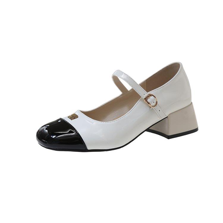 Xiaoxiangfeng thick heel color matching single shoes women's 2025 spring new light mouth one word with Mary Jane shoes square head small leather shoes