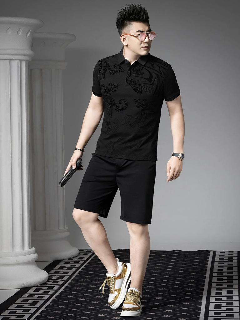 European Style 2026 New Trendy Brand Velvet Print Polo Shirt for Men, Summer Fashion Rhinestone Turn-Down Collar Short-Sleeve T-Shirt for Men