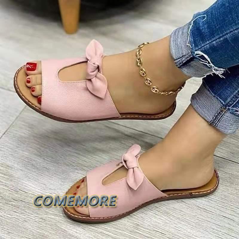 Летние женские повседневные модные сандалии-балетки с бантом, сандалии, удобные, на мягкой подошве, женские дышащие пляжные золотые тапочки, большой размер